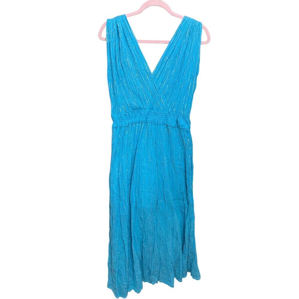 Vintage 70s Grecian Gauze Midi Sundress Wavy Boho Metallic Stripe V-Neck‎ Dress